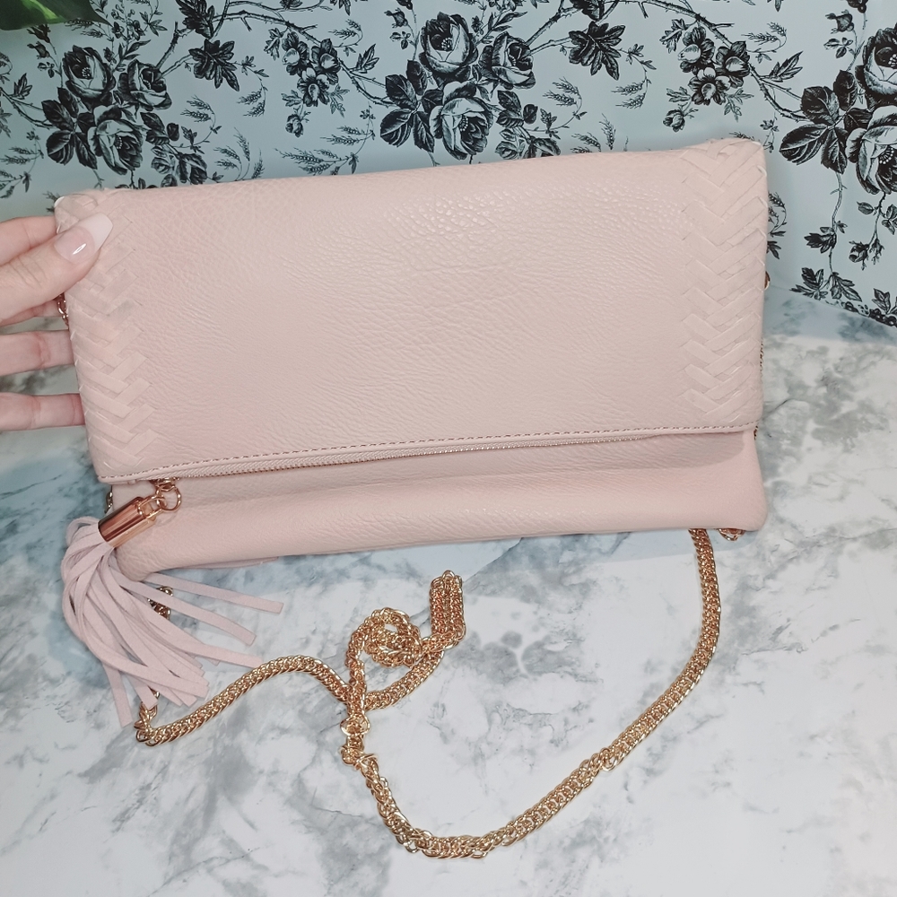 Moda Luxe Pink Suede Fold-over Clutch Bag with Chain